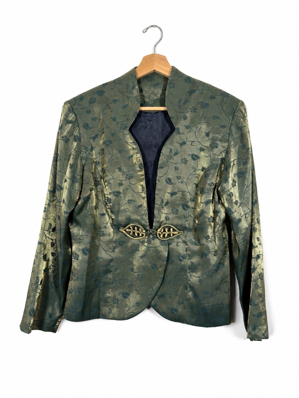 VTG Green Brocade Silk Like Evening Jacket Frog Closure Floral Jacquard Sz M Lux